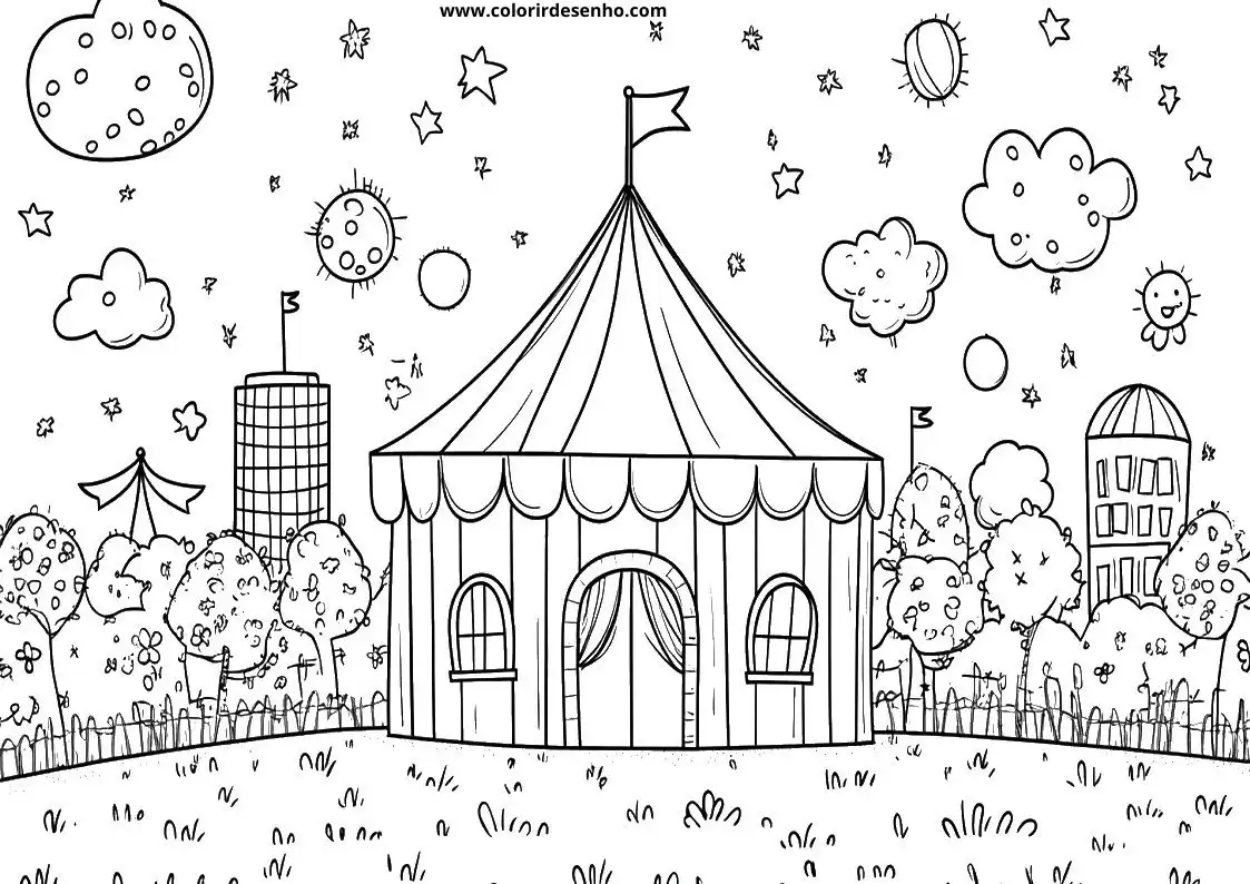 circus tent in garden with flowers and trees