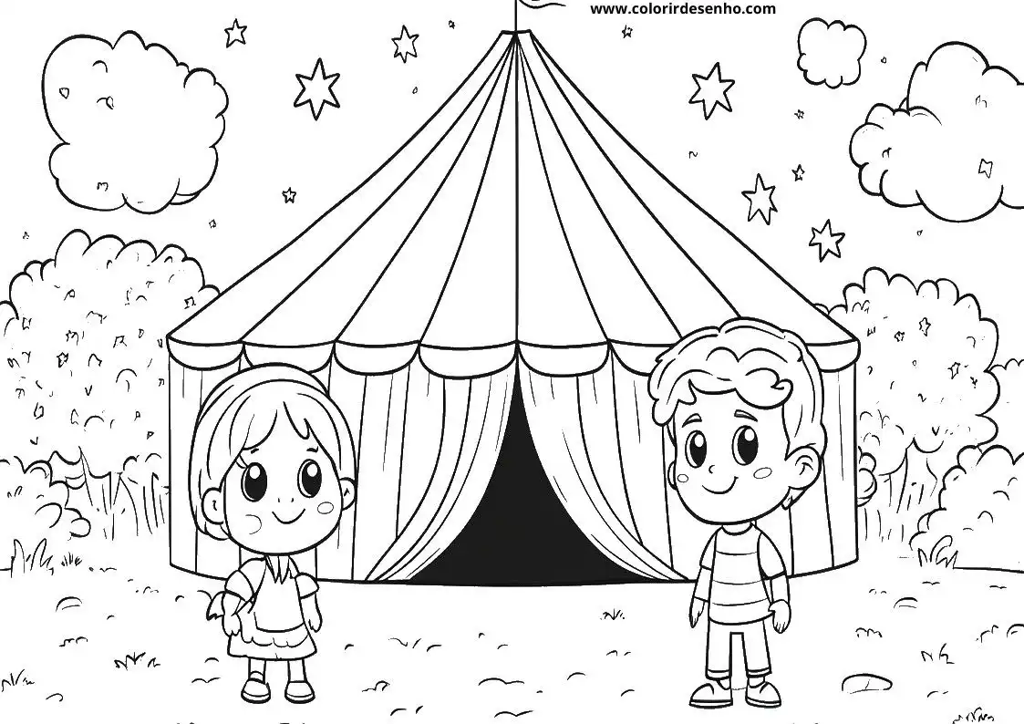 circus tent in night sky two children standing near it clouds and stars visible