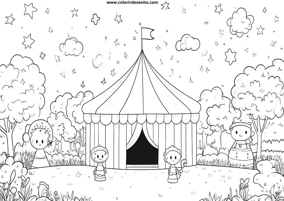 circus tent in whimsical outdoor setting with stars and clouds
