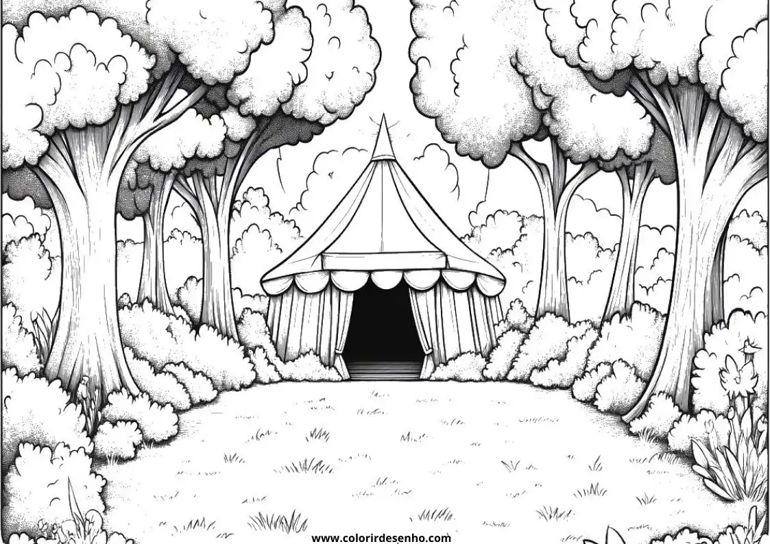 circus tent surrounded by trees in forest setting