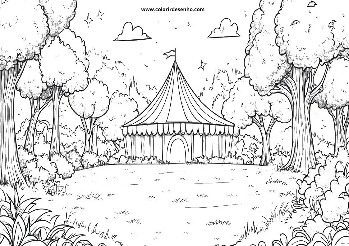 circus tent under cloudy sky in forest
