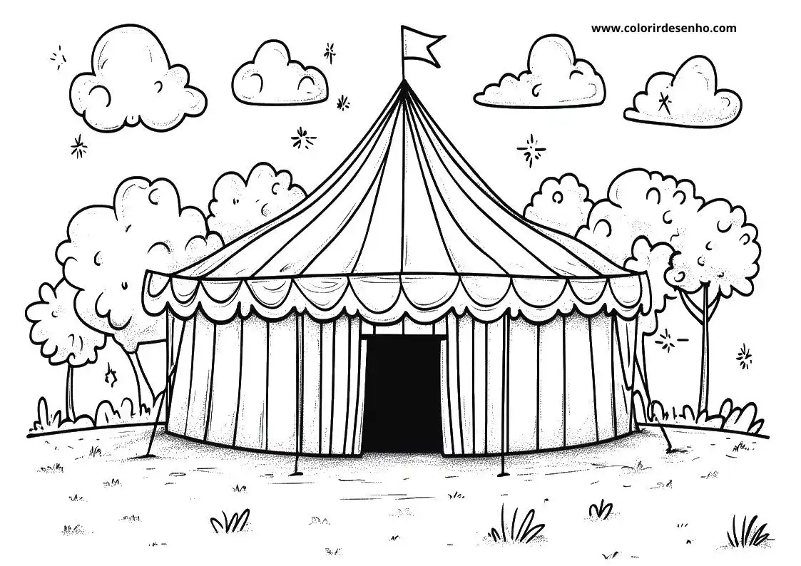 circus tent under cloudy sky in open field with trees