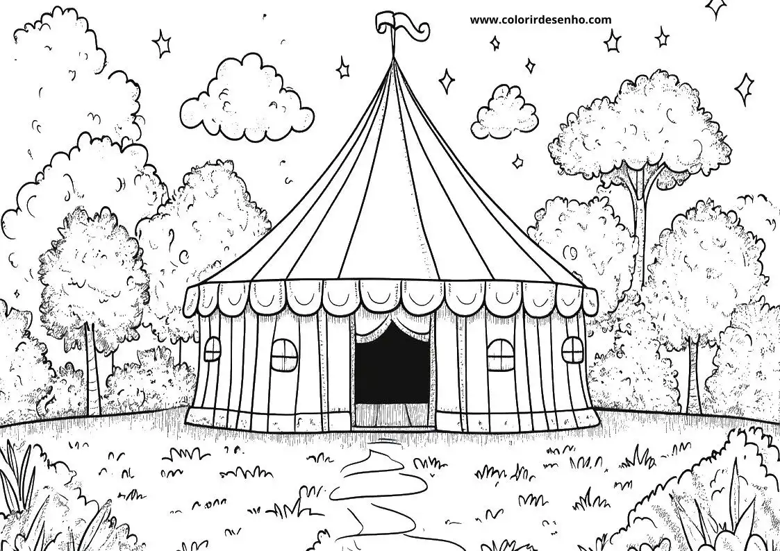 circus tent under night sky with clouds and stars