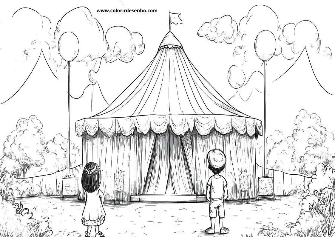 circus tent with clouds and balloons in background