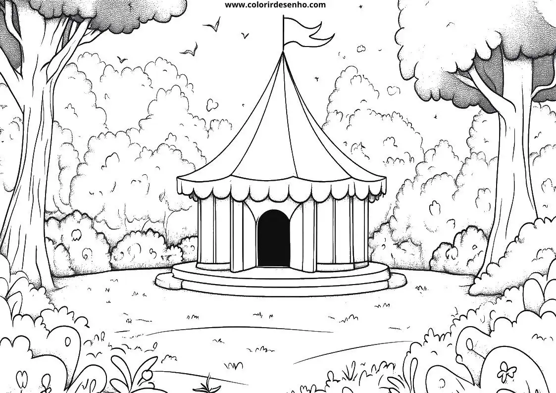 circus tent with flag in forest setting tents are outlined but no details inside