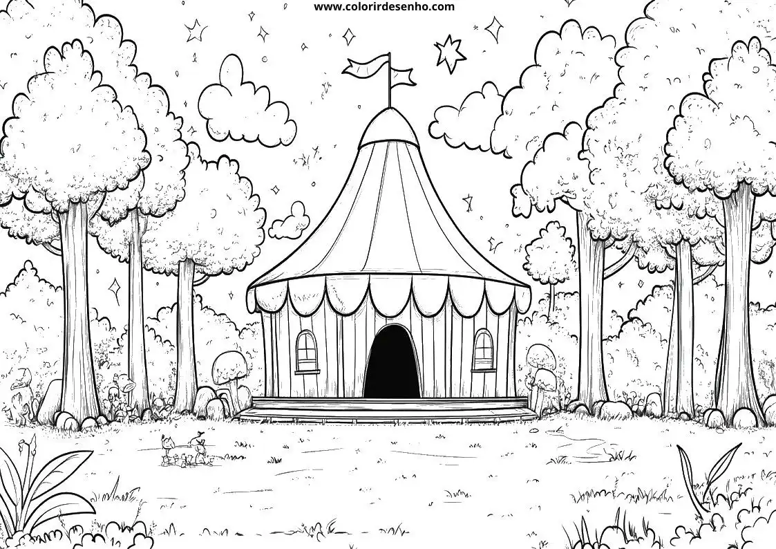 circus tent with flag in forest setting