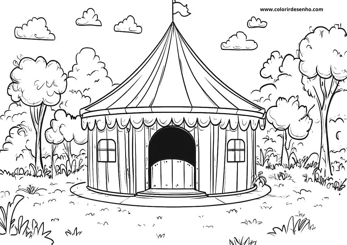 circus tent with flag in park setting