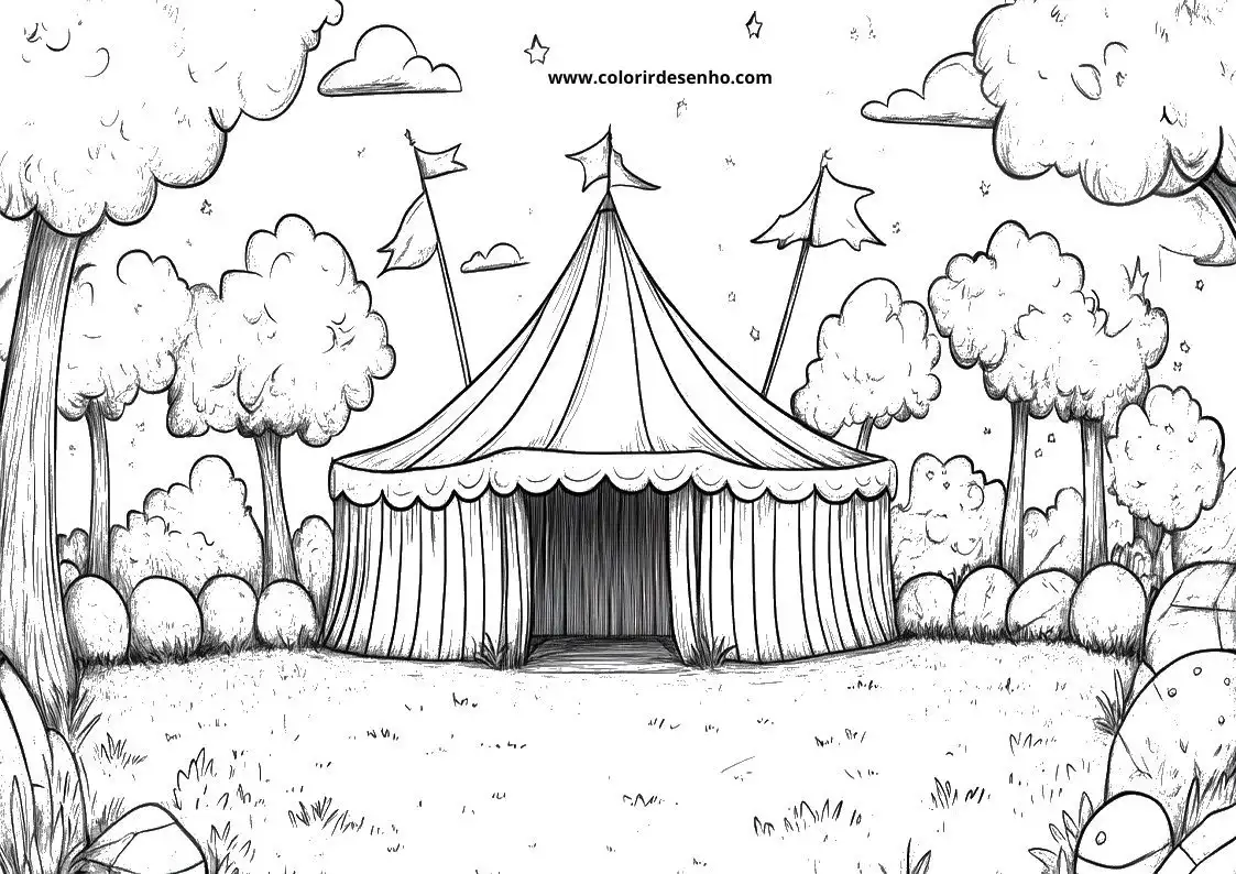 circus tent with flags waving in field setting