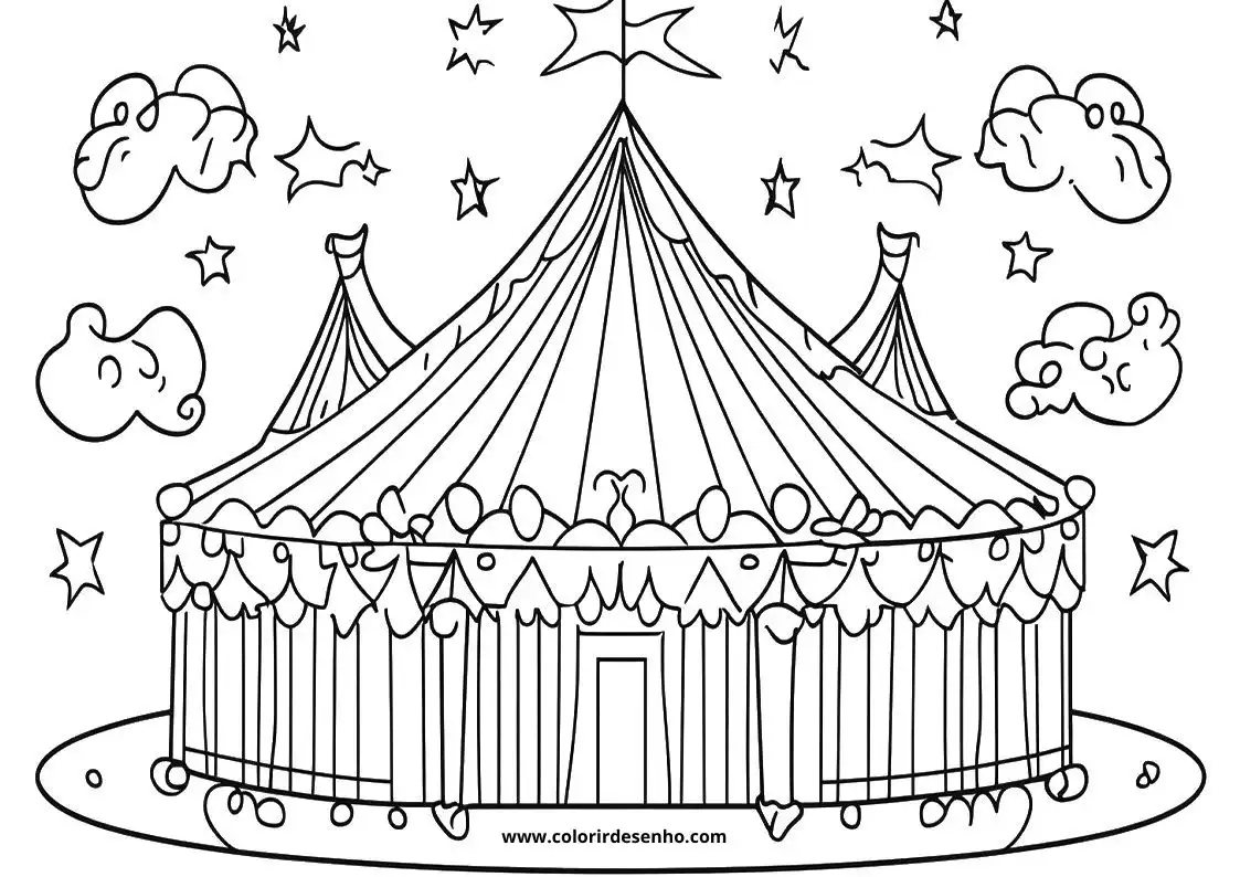 circus tent with starry sky background clown face on cloud clouds floating around