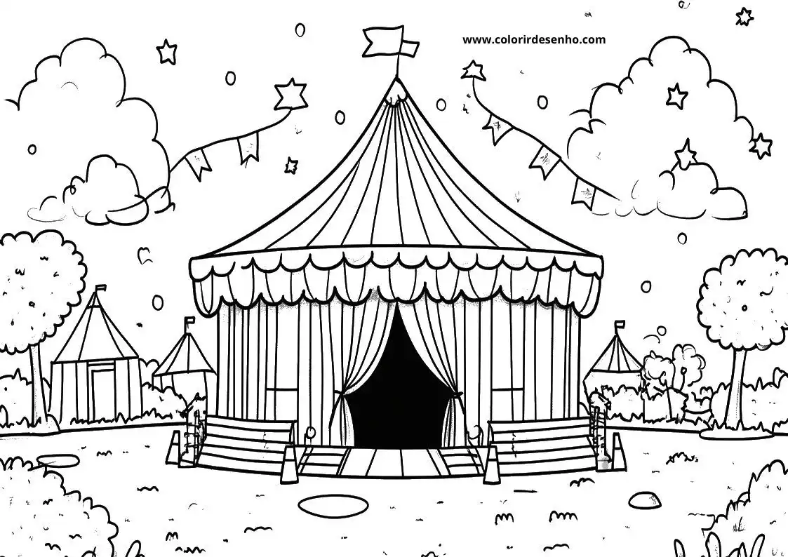 circus tent with stars flying around it under clear sky