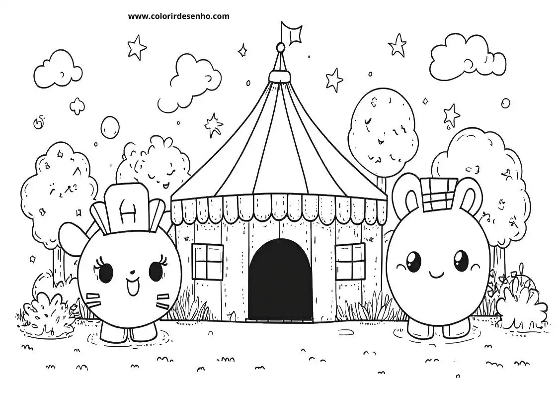 circus tent with two cute characters in front of it