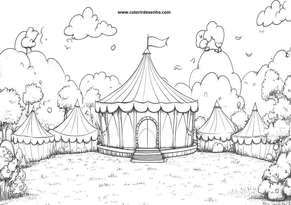 circus tents in a field under a cloudy sky