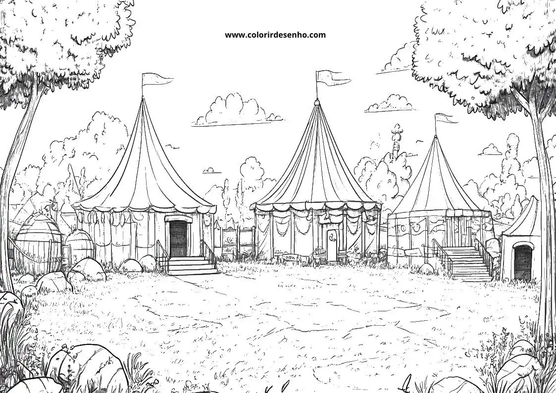 circus tents in a field with trees and flags