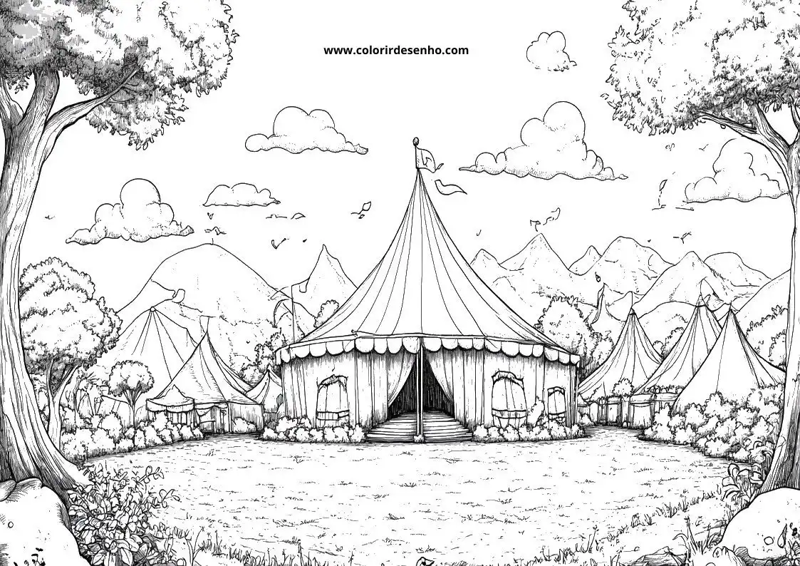 circus tents in a scenic outdoor setting with mountains and trees