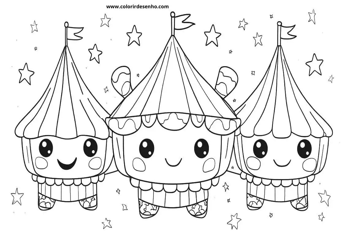 circus tents smiling and waving flags against starry sky