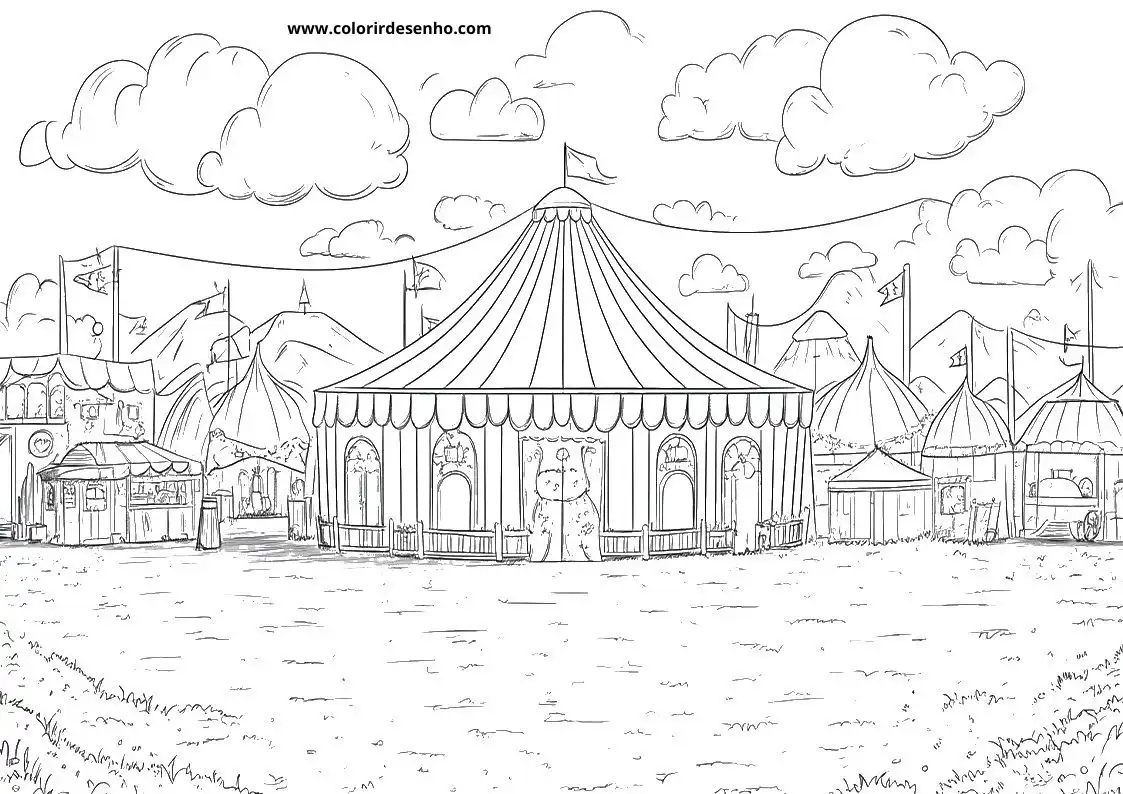 circus tents under cloudy sky with flags waving in the breeze