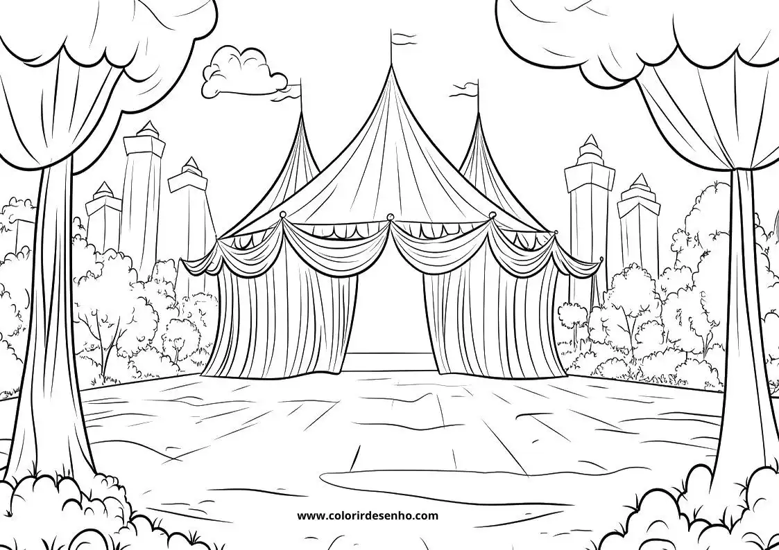 circus tents with flags in forest setting