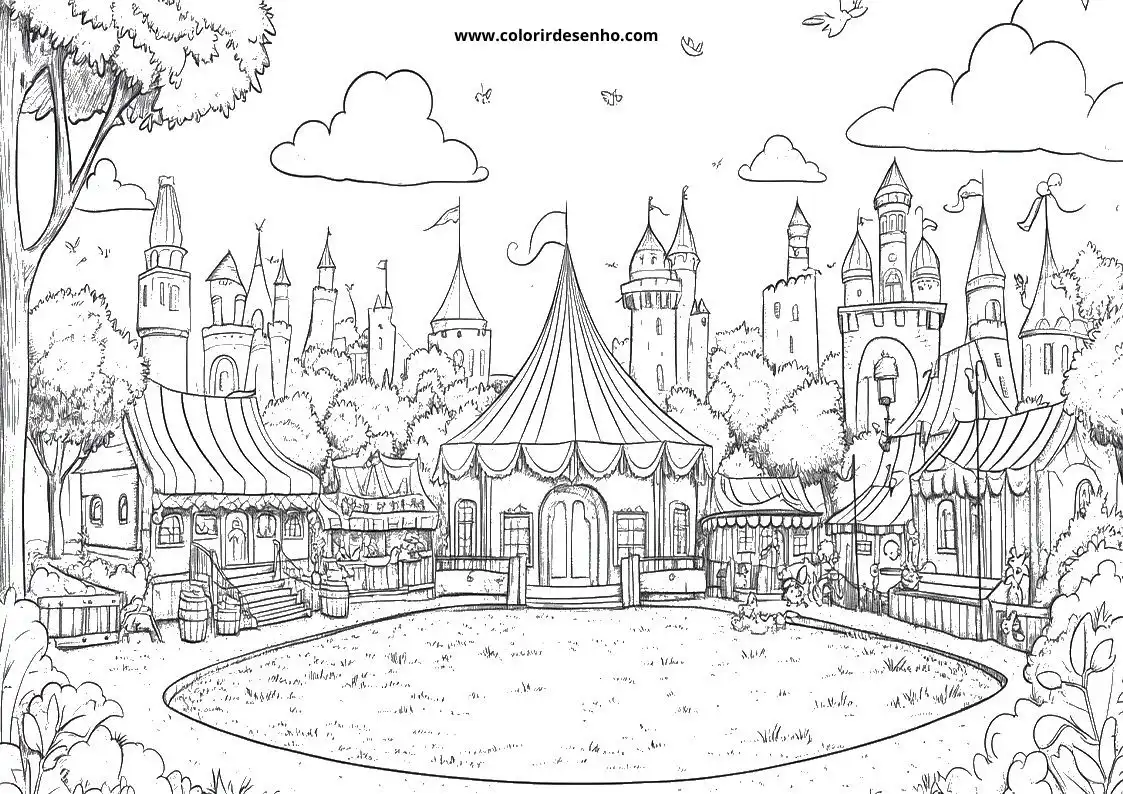 circus tents with flags waving in the wind against a starry sky and trees