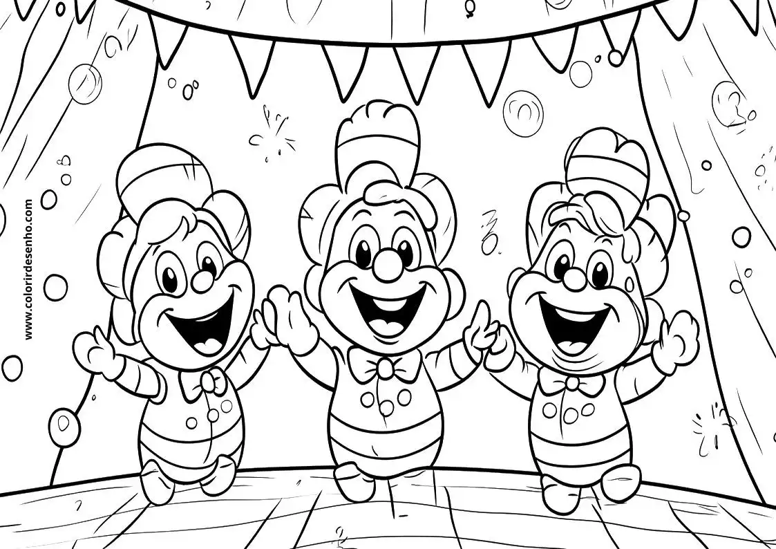 clowns in a circus tent holding hands and smiling