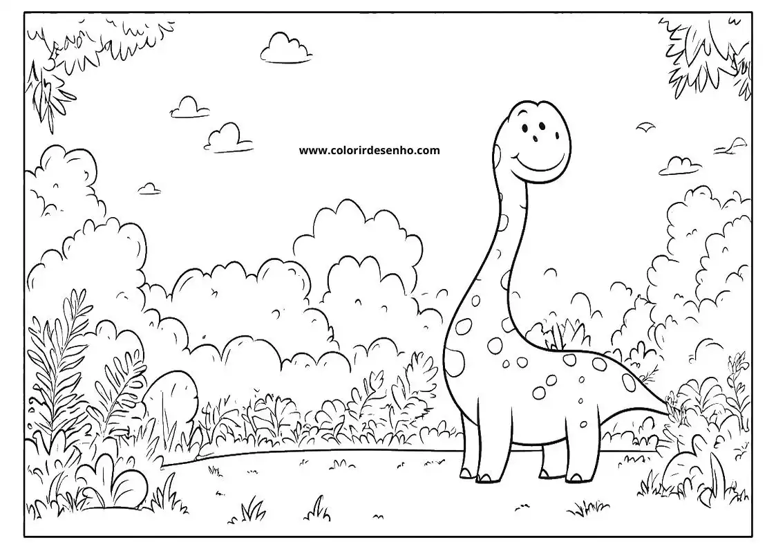 dinosaur smiling happily in grassy landscape with clouds above