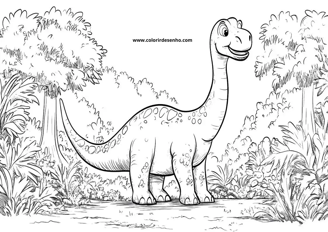 dinosaur smiling in jungle setting with tall trees and plants around