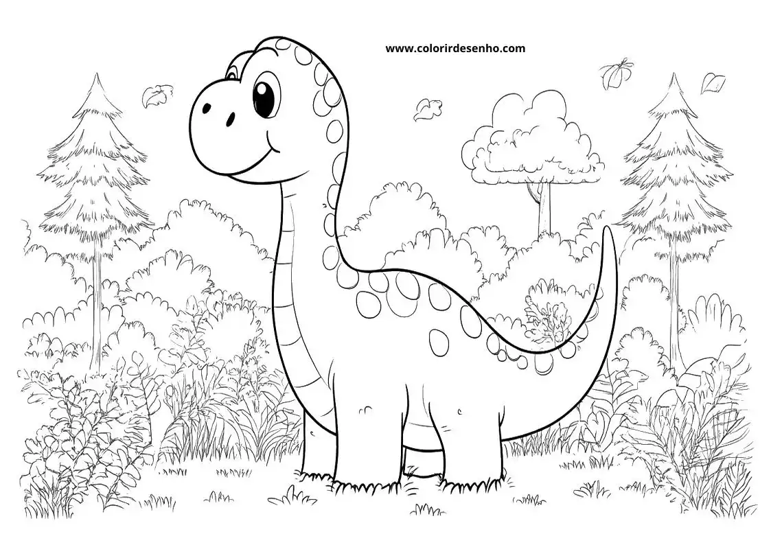 dinosaur smiling with long neck and spotted skin standing in grassy forest