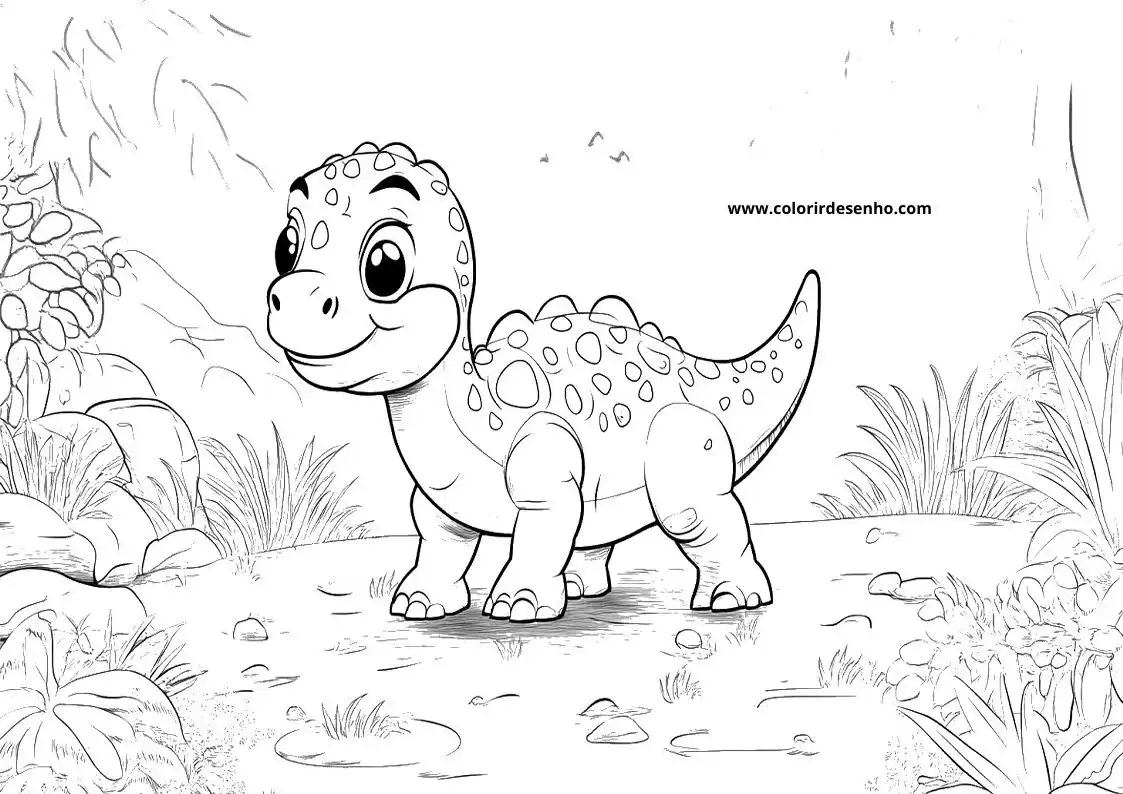 dinosaur smiling with small horns on head standing near rocks and plants in forest