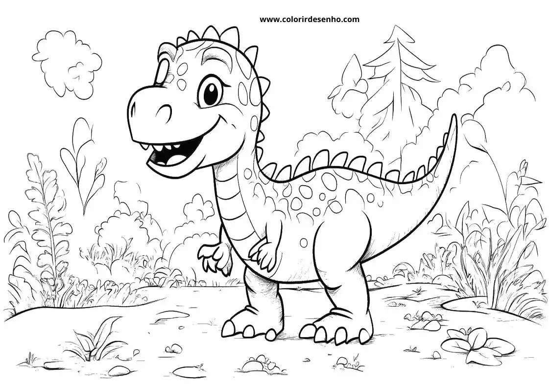 dinosaur standing in grassy area with small rocks and plants visible looking happy
