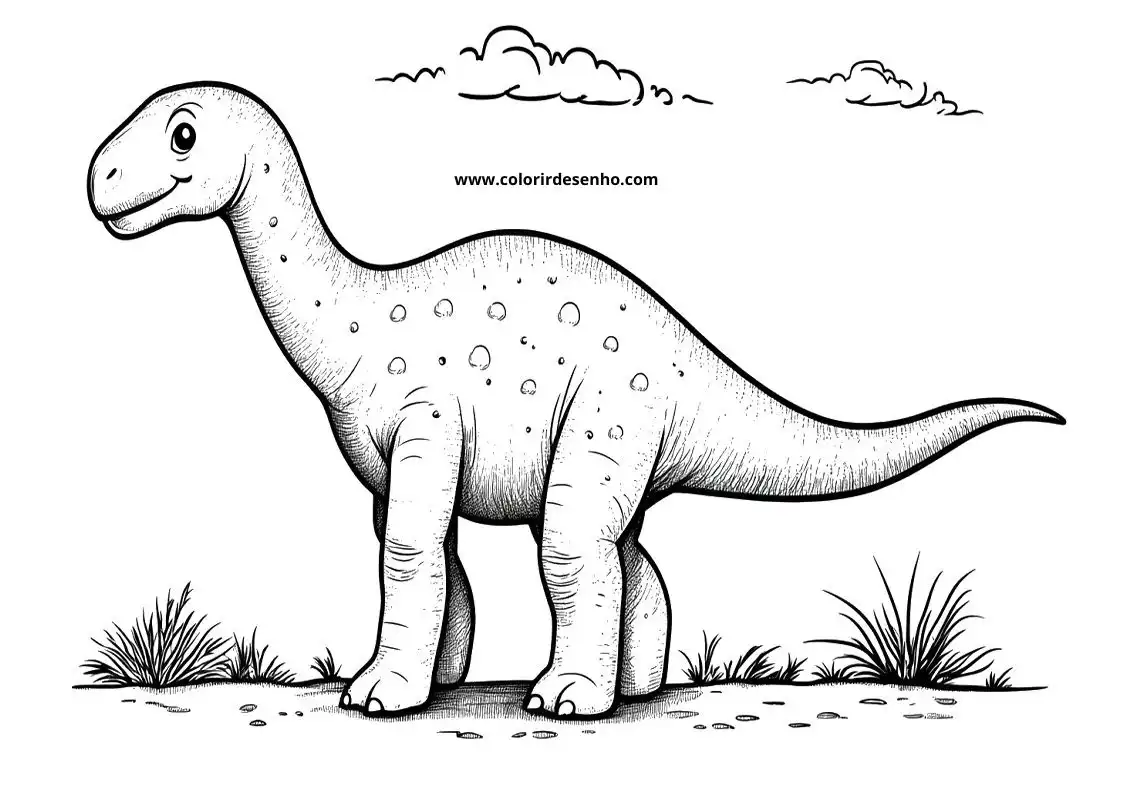 dinosaur standing in grassy field under cloudy sky