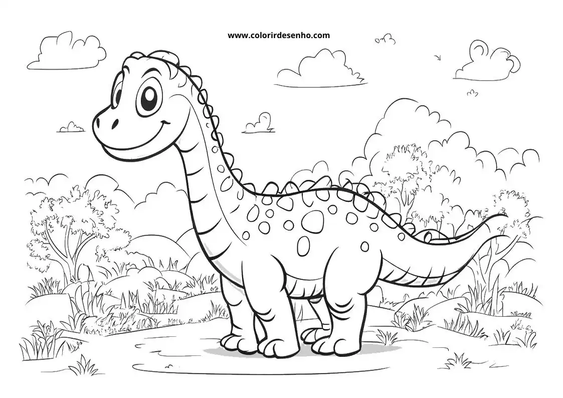 dinosaur standing in grassy field with clouds and trees behind it