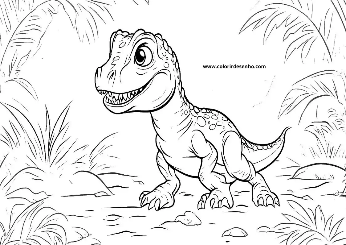 dinosaur standing in grassy field with small rocks and leaves around it