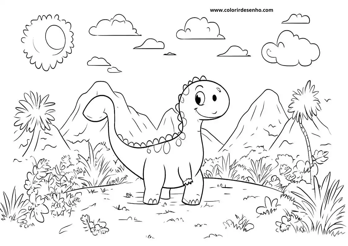 dinosaur standing in grassy field with smiling face and small tuft of hair