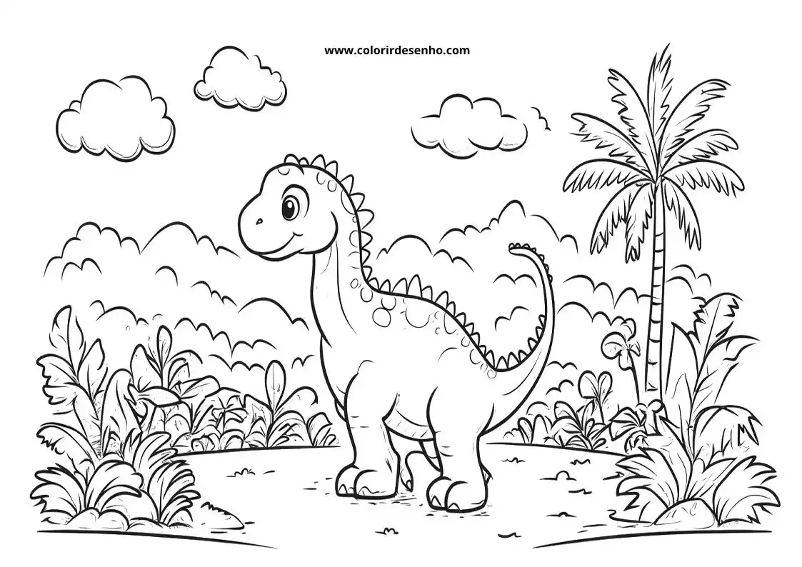 dinosaur standing in jungle setting with palm tree and clouds above