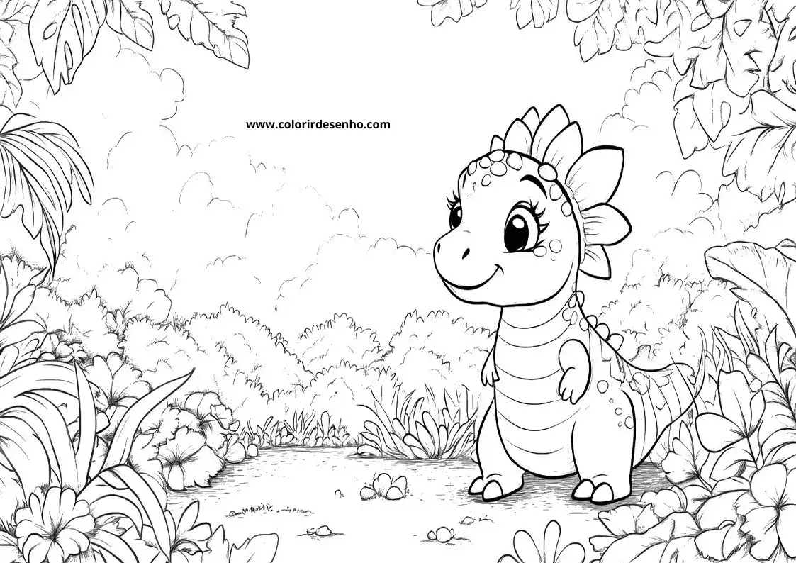 dinosaur standing in jungle with flowers and plants around it