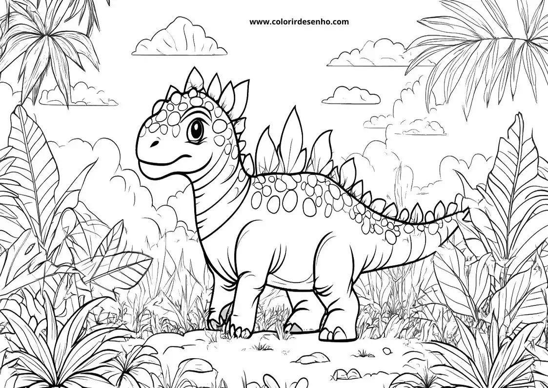 dinosaur standing in jungle with green leaves and palm trees behind it
