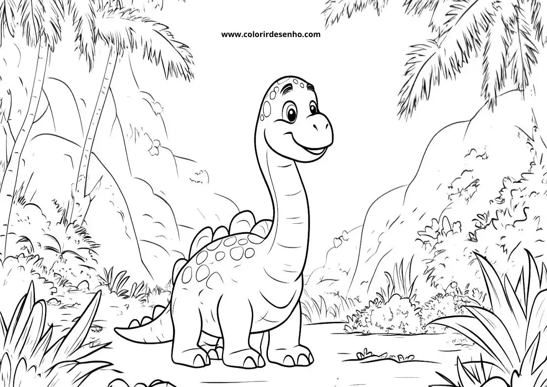 dinosaur standing in lush jungle with smiling face and long neck