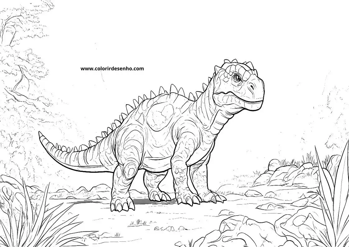 dinosaur standing in rocky terrain with grasses and rocks around it