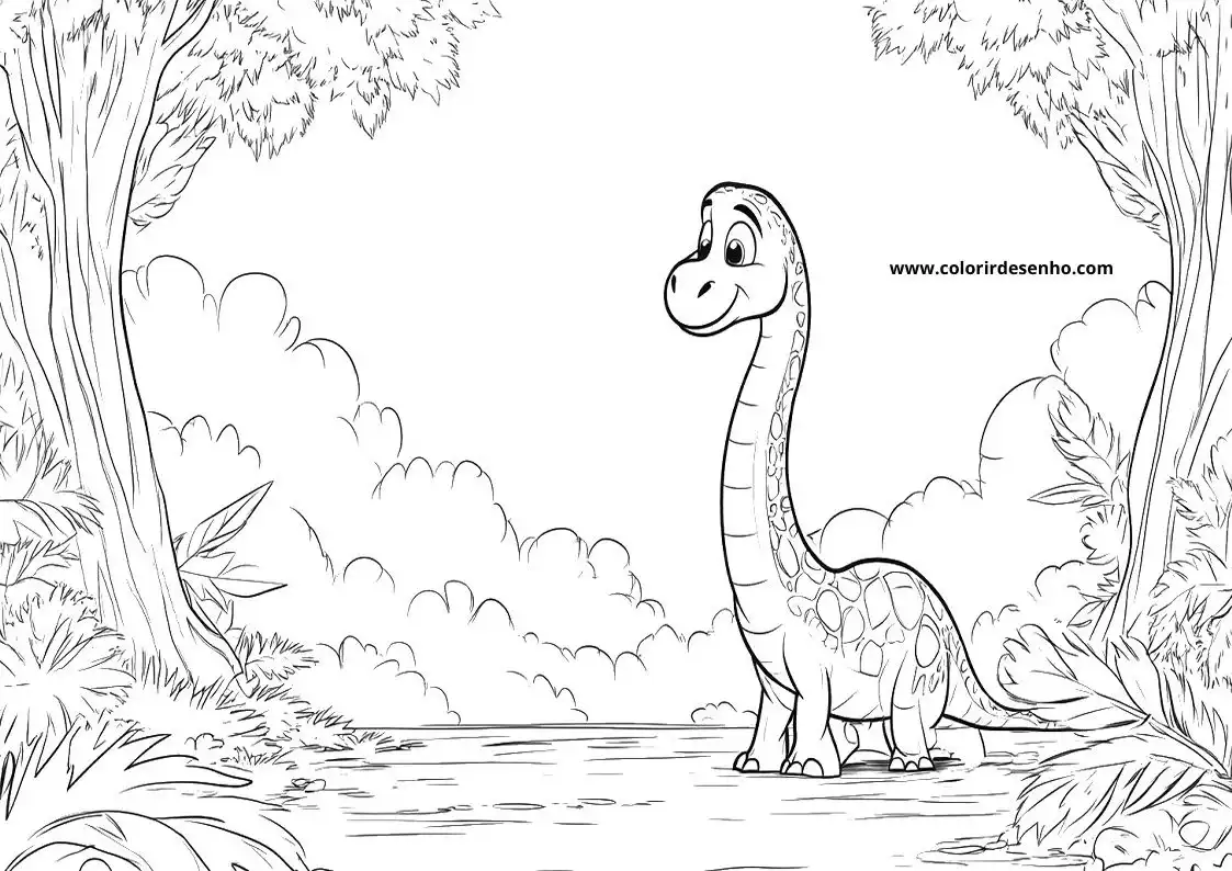 dinosaur standing in water near trees and plants