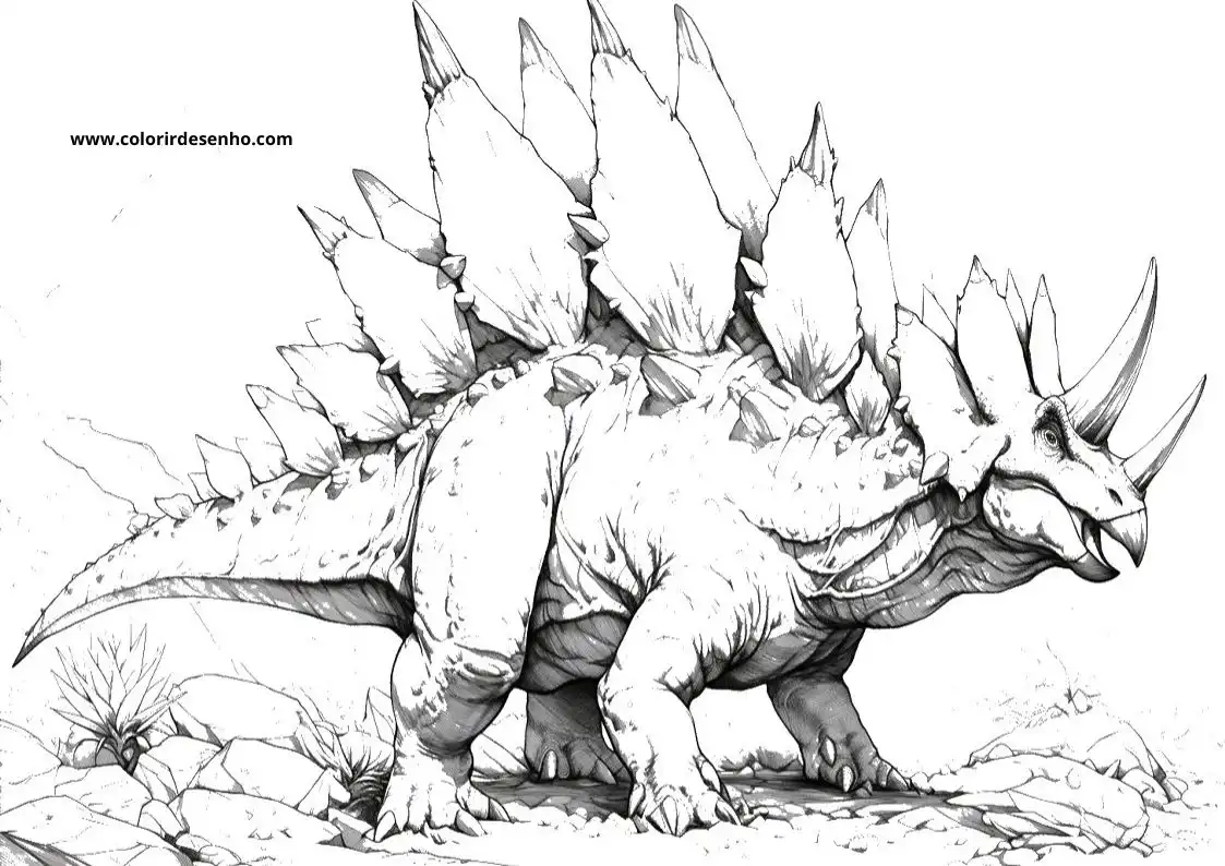 dinosaur standing on rocky terrain wearing horned plates and spikes head tilted slightly