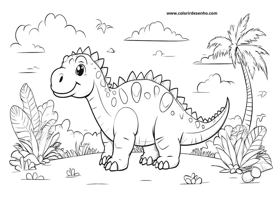 dinosaur standing on rocky terrain with palm tree in the background