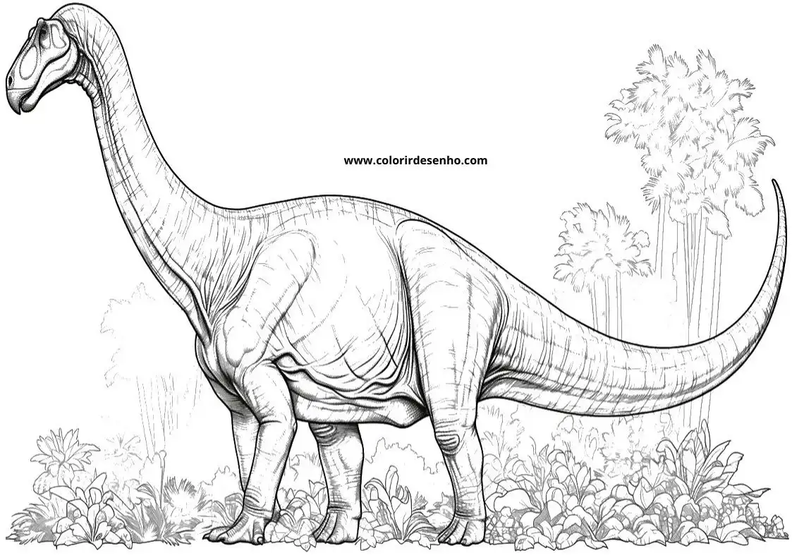 dinosaur standing upright with long neck and tail wearing spotted skin in forest setting