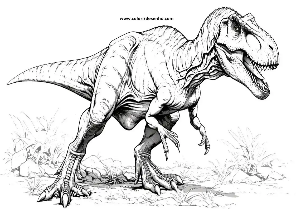 dinosaur t rex walking through grass with sharp claws and teeth visible