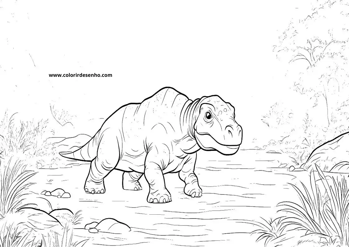 dinosaur walking on rocky terrain with small rocks and plants around it