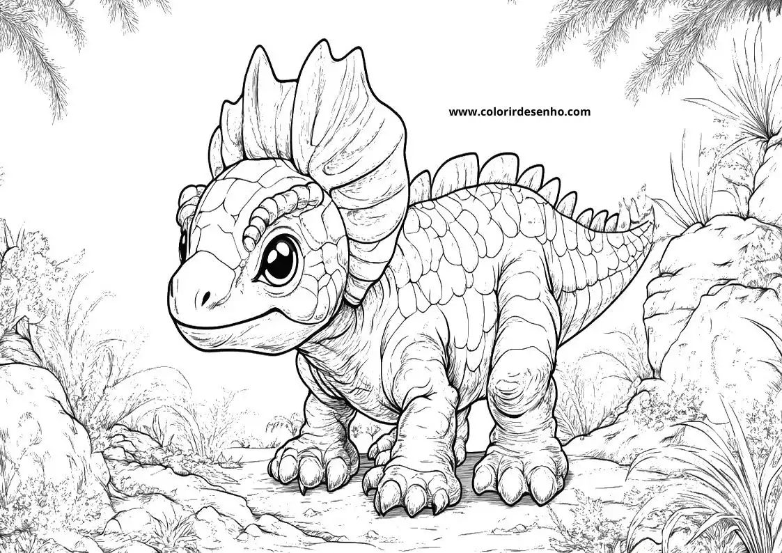 dinosaur with frill and spikes standing among plants