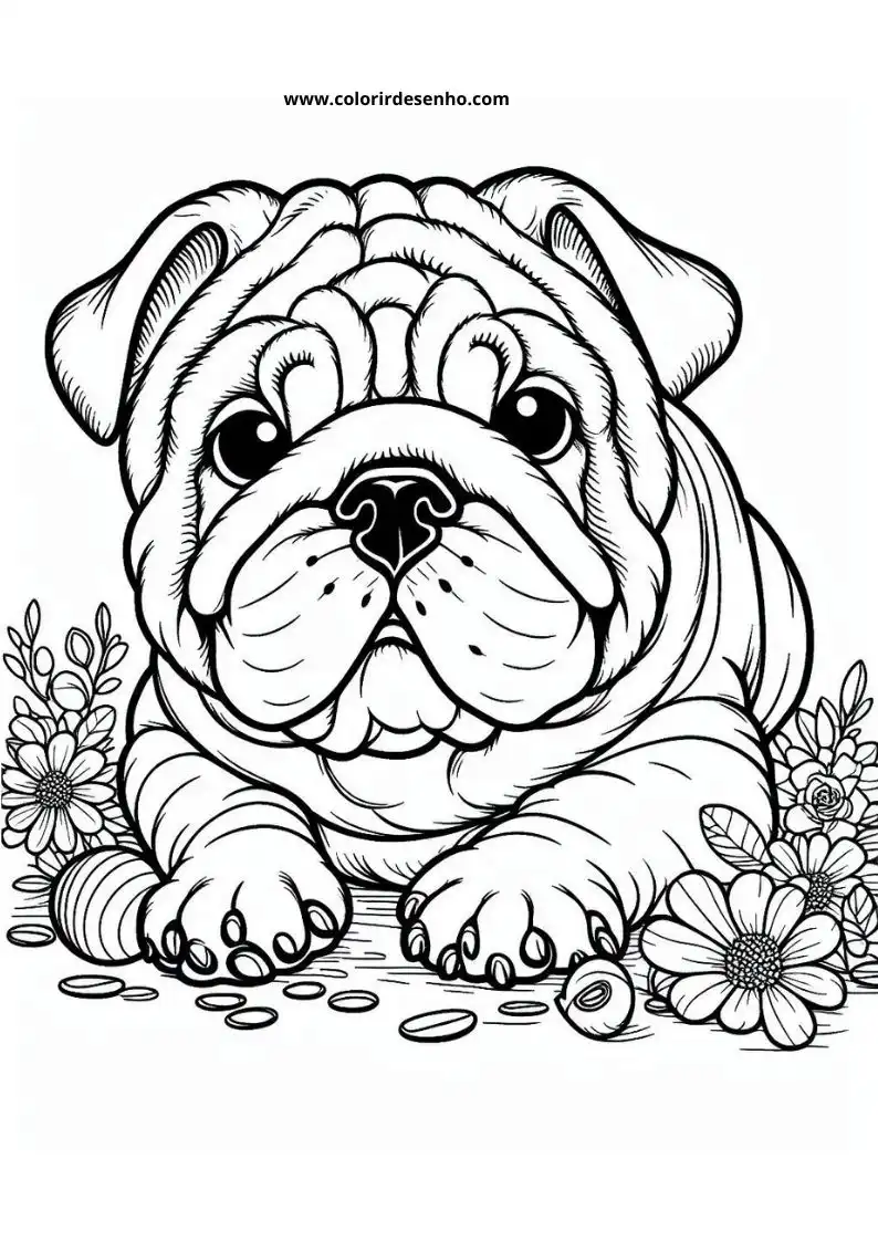 dog and puppy lying down in a garden of flowers