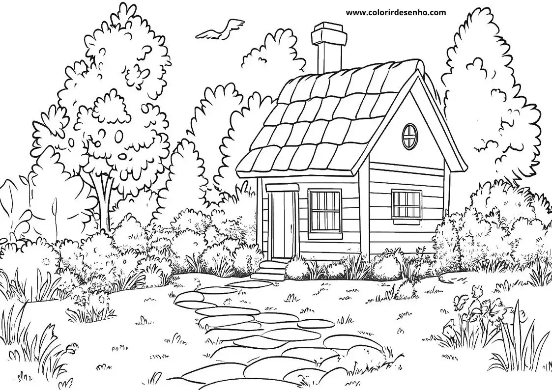 garden cabin surrounded by bushes and trees with winding path leading to it