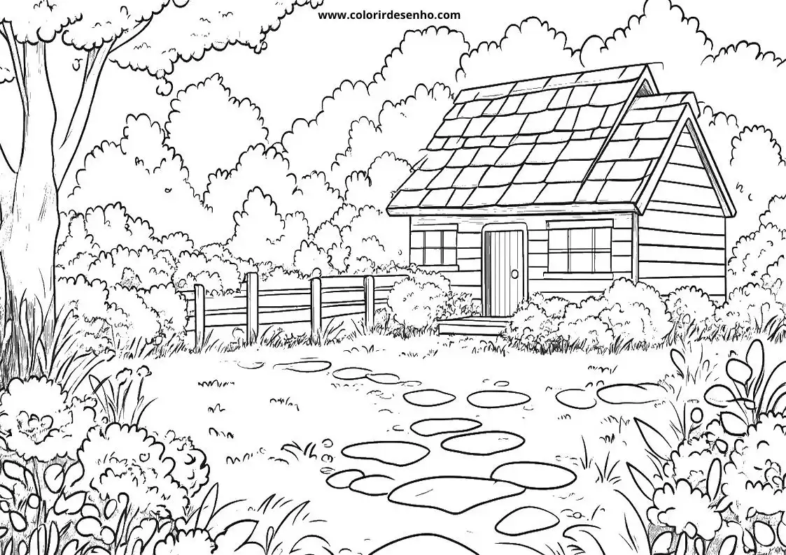 garden cabin surrounded by garden beds and trees with pond in front