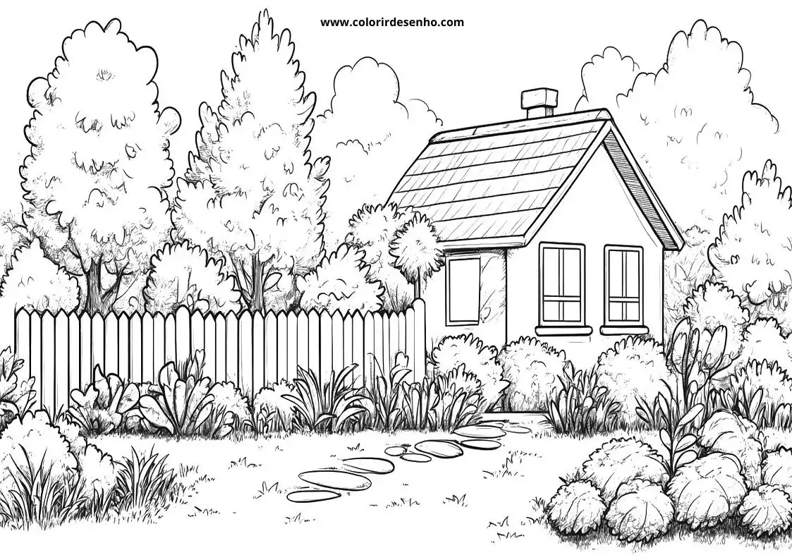 garden cottage nestled among bushes and trees with wooden fence surrounding garden beds
