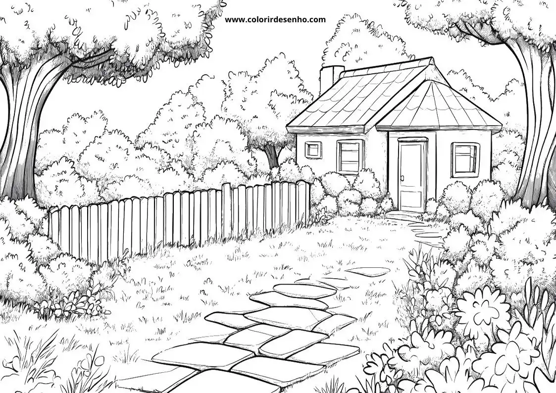 garden cottage surrounded by greenery and stepping stones leading to door