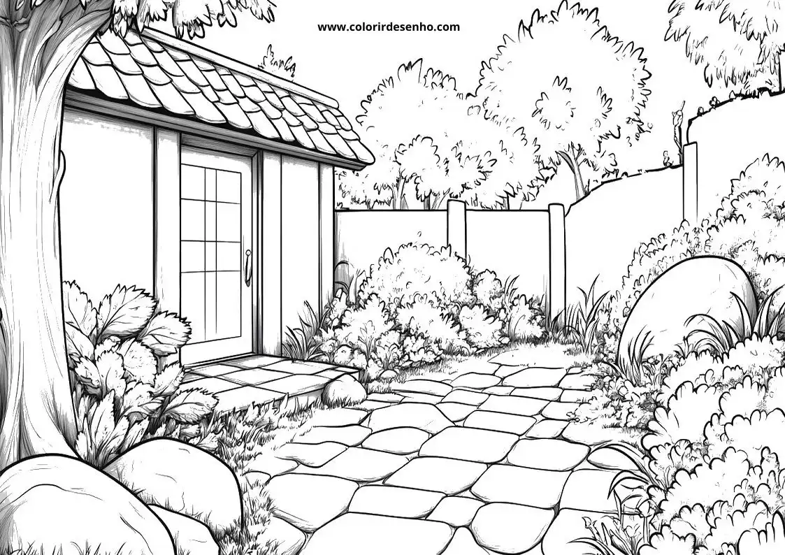 garden cottage with stone path leading to it through garden filled with bushes